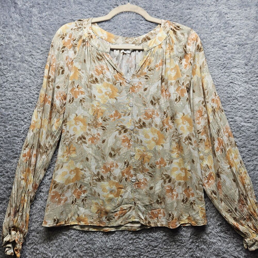 Andree By Unit Green Floral Blouse Womens Size Small Flowy Vneck